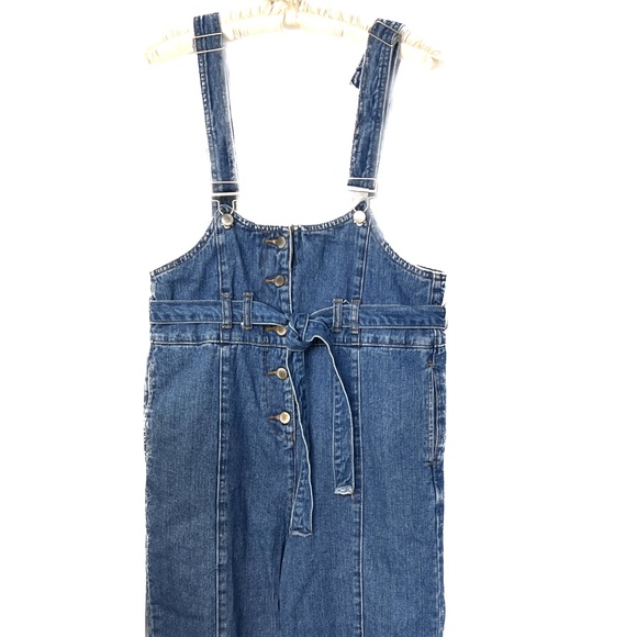 Urban Revivo Jeans Bib Blue Medium Wash Denim Tie Leg Size 12 Belt 100% Cotton - Picture 3 of 9